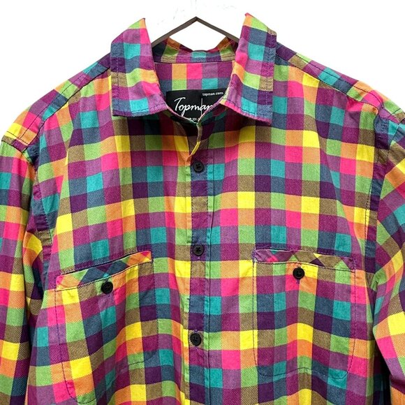 TOPMAN Mens Shirt Large Colorful Check Long Sleeve Button Up Cotton Modern - Picture 1 of 9